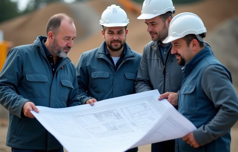 Team of Alpine Wegebau engineers reviewing blueprints on site