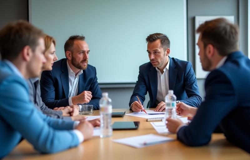 Engineers and project managers discussing project plan in a meeting room