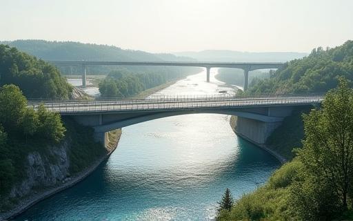 Completed modern bridge spanning the Isar river in Bavaria