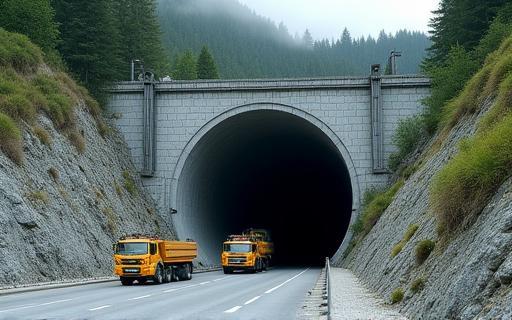 Entrance to a mountain tunnel with construction vehicles in the Bavarian Alps near Zugspitze