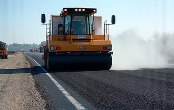 Asphalt paver laying fresh asphalt on a road