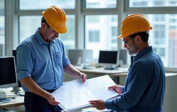 Civil engineers reviewing plans in an office
