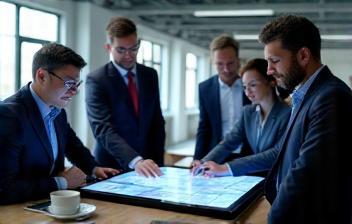 Engineers discussing infrastructure plans on a tablet